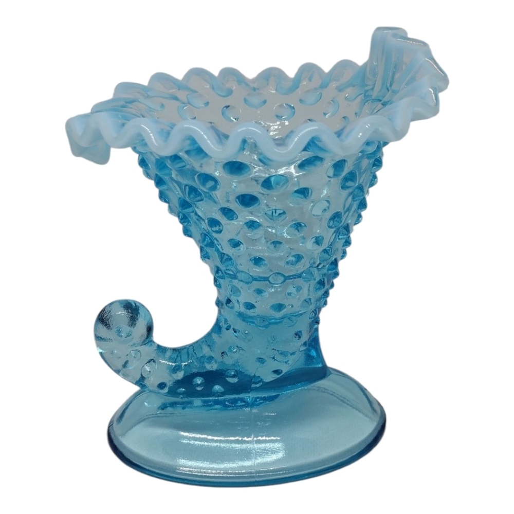 VTG Fenton Blue‎ Opalescent Hobnail Ruffled Edge Cornucopia Vase Candle Holder